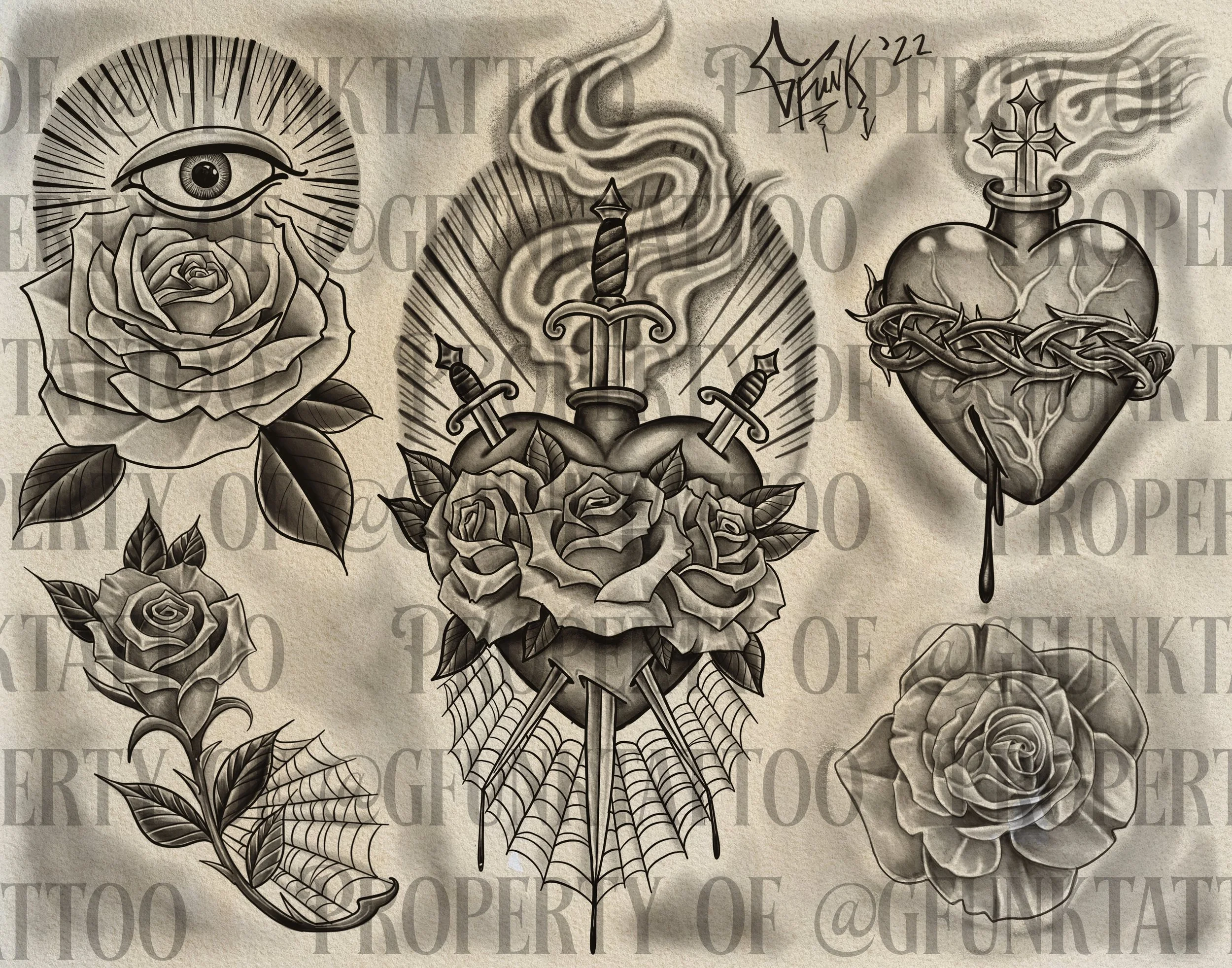 Black and white tattoo-style artwork featuring an eye above a rose, a heart with thorns and a crown of thorns, a dagger with a snake coiled around it, and a chalice with smoke rising from it.