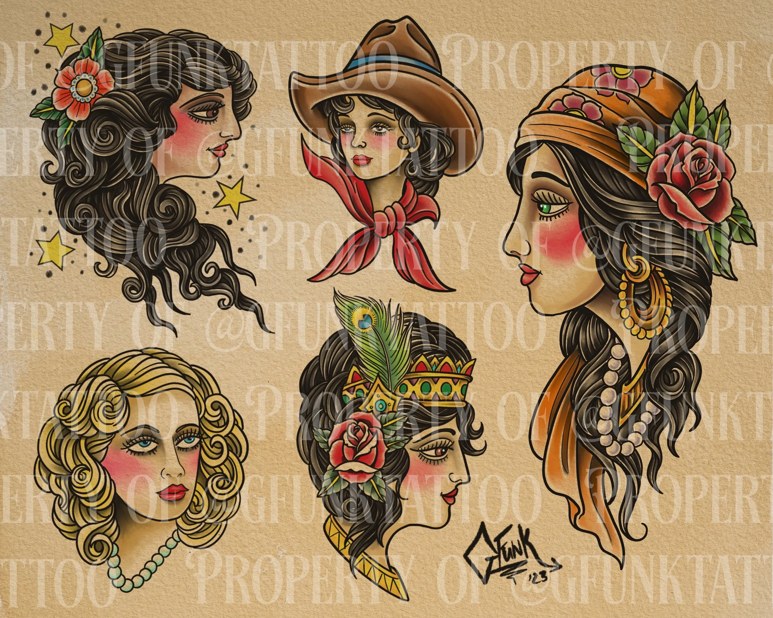 Tattoo-style illustration of three women with floral and vintage accessories, one with a wide-brimmed hat, all with elaborate hairstyles and makeup.