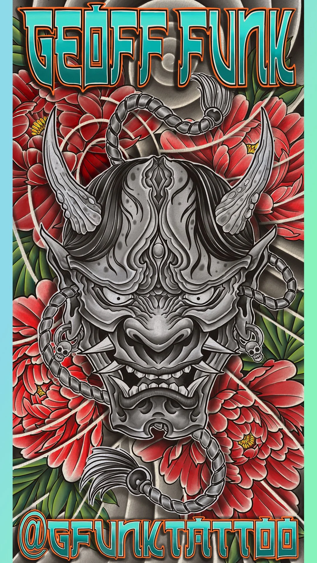 A detailed black and gray tattoo-style design featuring a fierce tiger mask with sharp teeth, horns, and chains with small skulls. The background has large red flowers with green leaves, and the words 'GEOFF FUNK' at the top and '@GFUNKTATTOO' at the bottom in bold, colorful lettering.