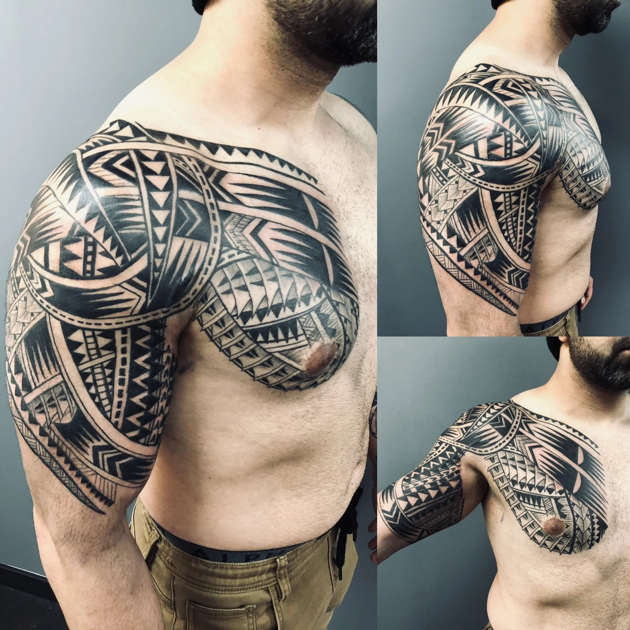 A shirtless man with a full sleeve Polynesian tribal tattoo on his left arm and shoulder, shown in a collage of three angles against a plain gray background.