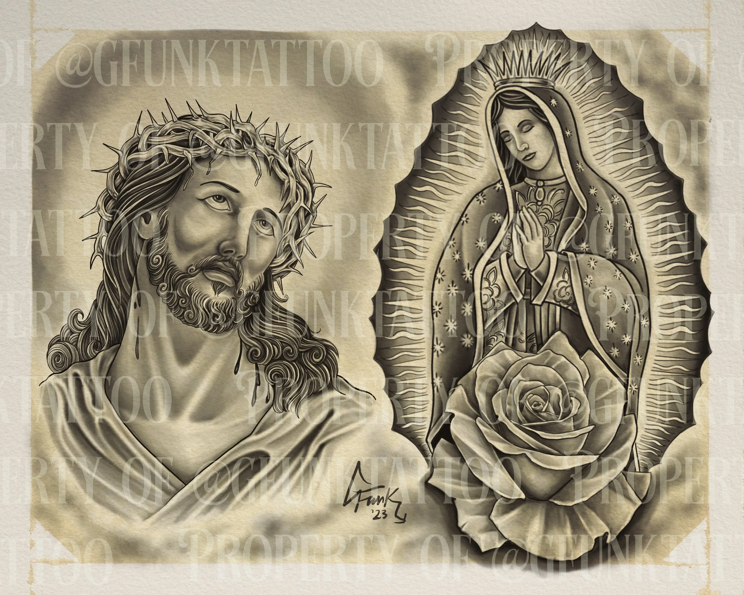 A black and white line drawing of Jesus Christ with a crown of thorns, and Our Lady of Guadalupe with hands in prayer, surrounded by decorative rays and floral designs, signed 'Funk 23' at the bottom.