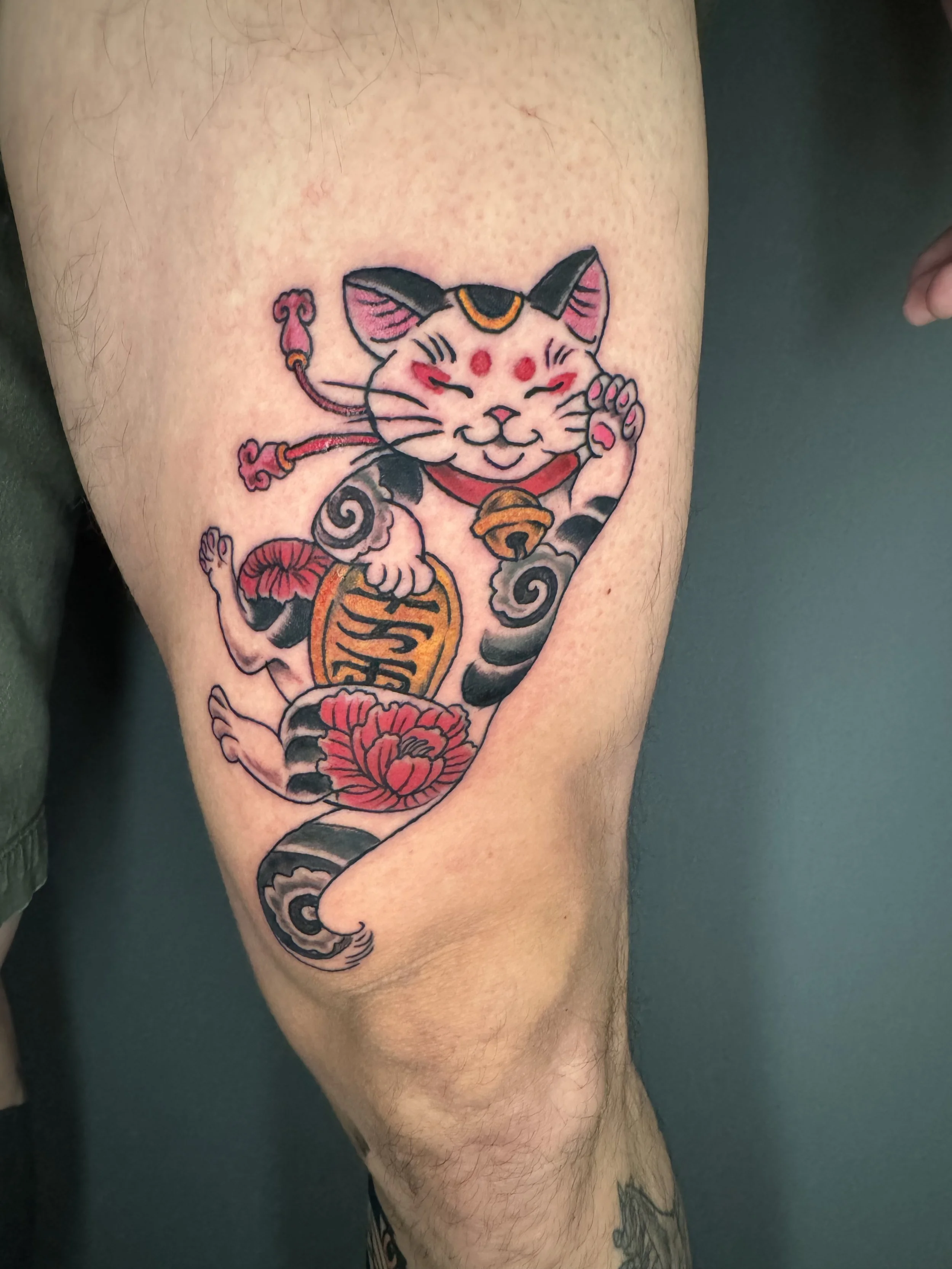 Colorful tattoo of a lucky cat holding a gold ingot, with red flowers and a traditional coin, on someone's thigh.