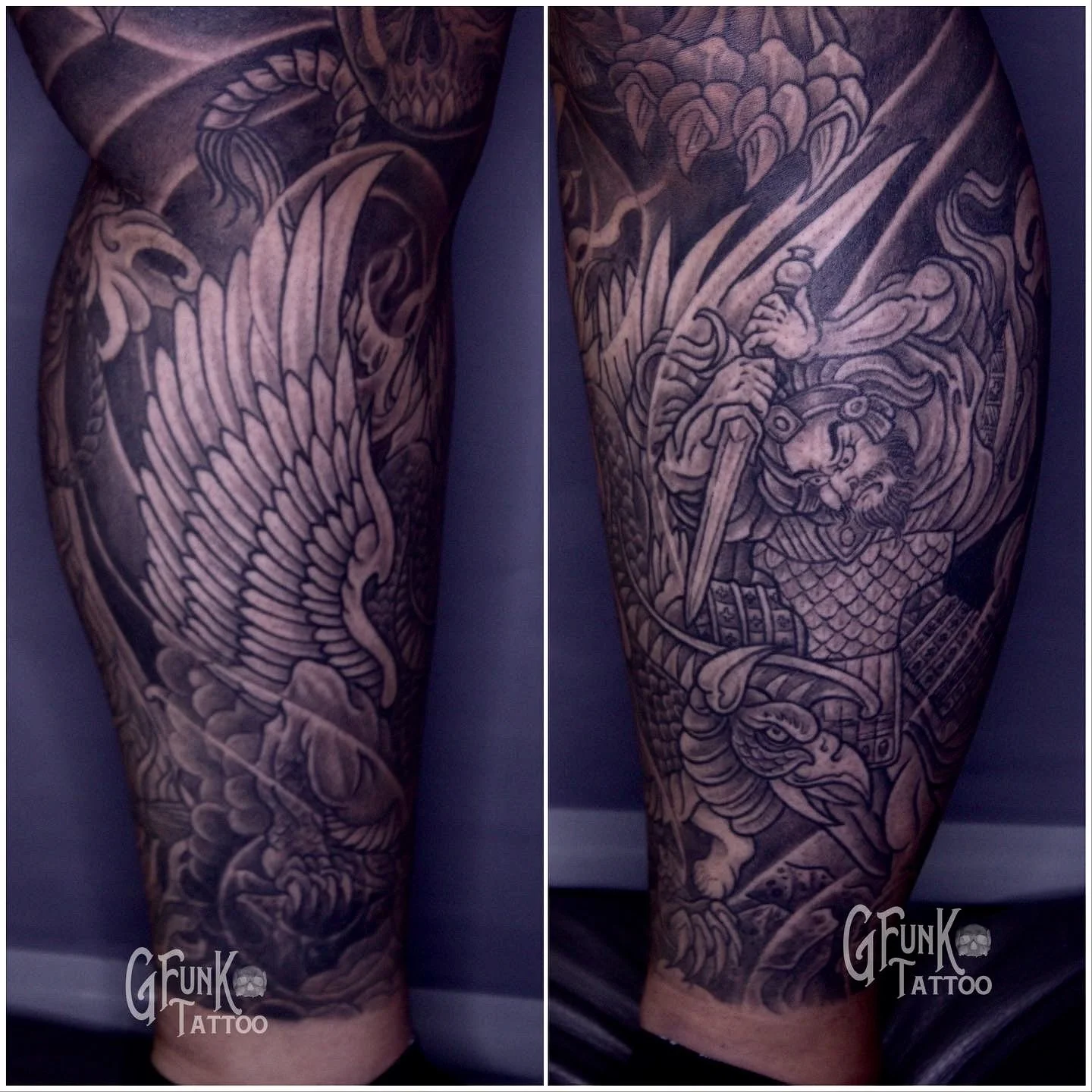 Black and gray tattoo sleeve featuring a dragon with intricate scales, claws, and fierce expression.