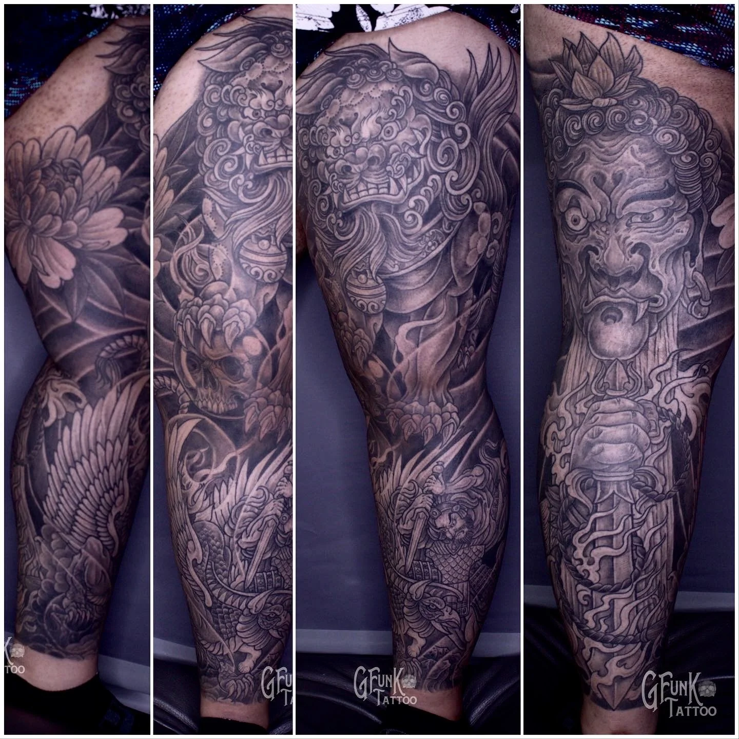 A detailed black and gray tattoo sleeve featuring a fierce lion's face on the upper arm, surrounded by swirling clouds and floral elements, extending down to a samurai warrior with a sword on the lower arm.