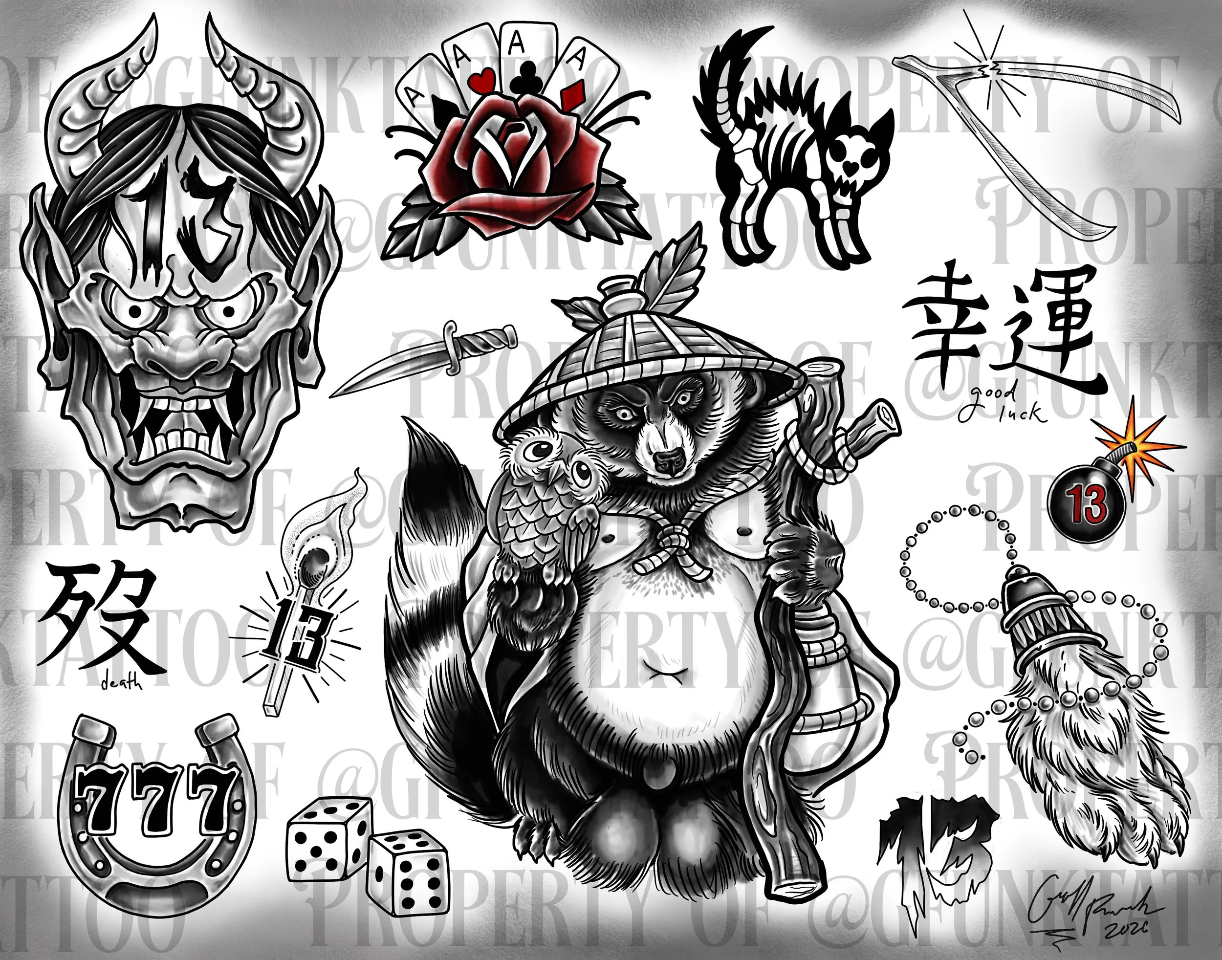 Black and white tattoo-style illustration featuring a fierce demon mask, a red rose with playing cards, a black cat with an arched back, a flying dagger, a lit matchstick with the word 'death' and the number 13, dice, a bomb with a lit fuse, and vari