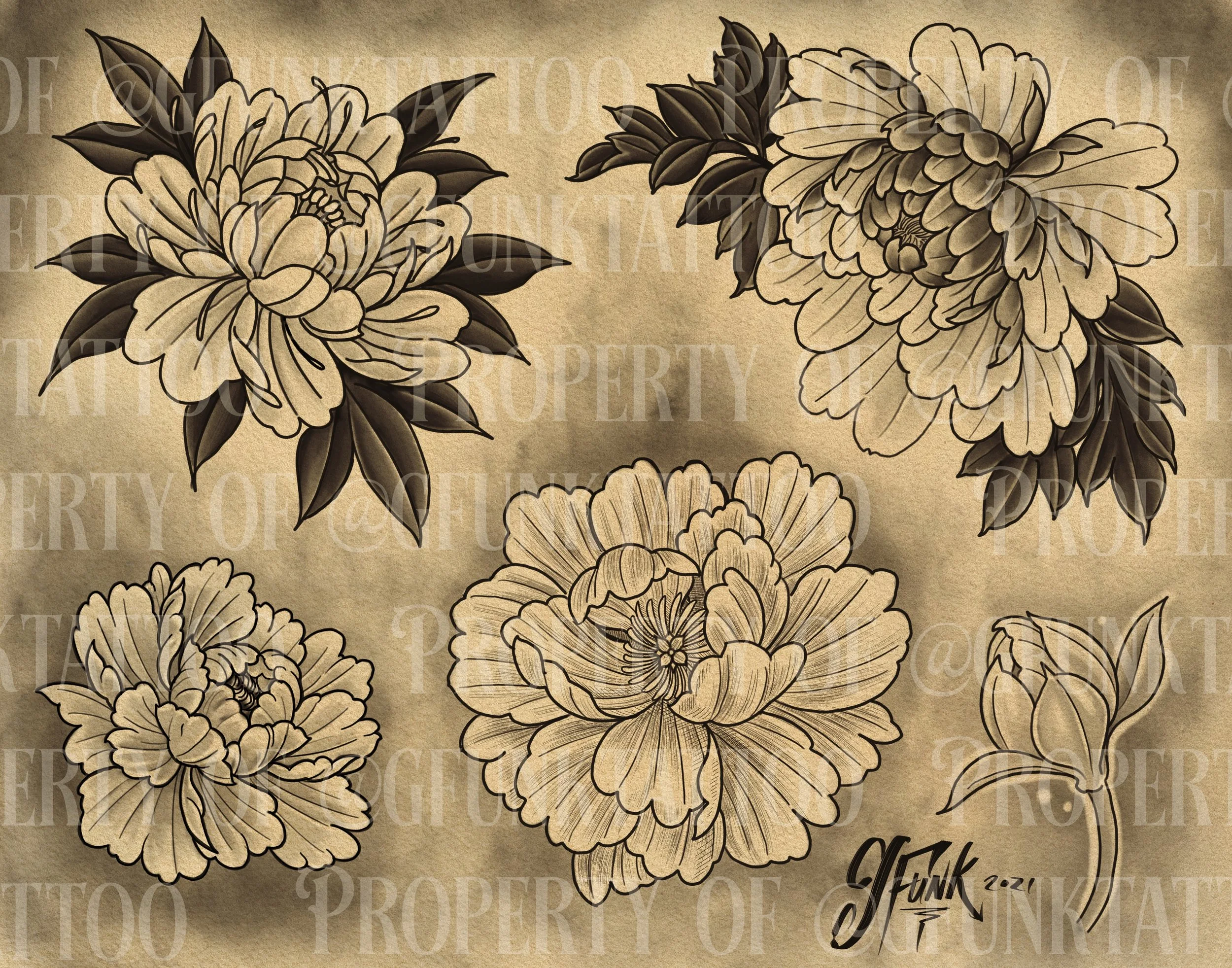 Black and cream floral pattern with detailed flowers and leaves on a beige background.