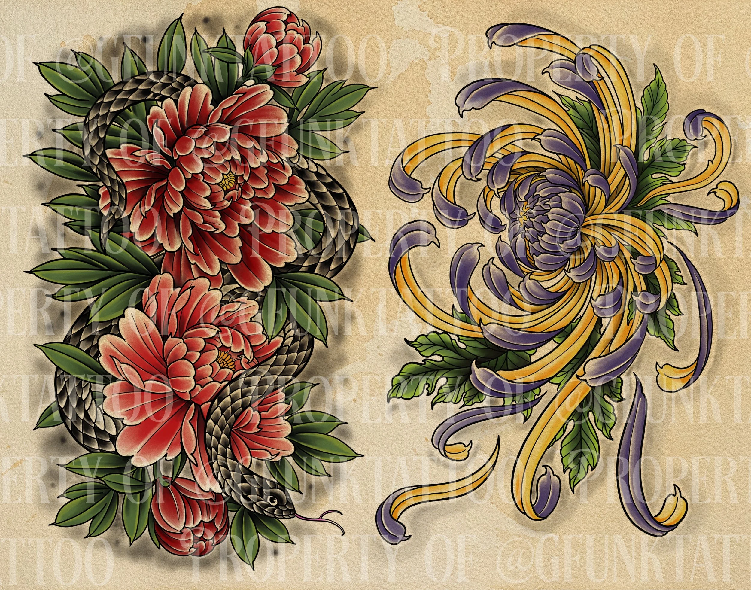 Tattoo-style illustration of a snake and floral design with red flowers and purple and yellow flowers on a beige background.