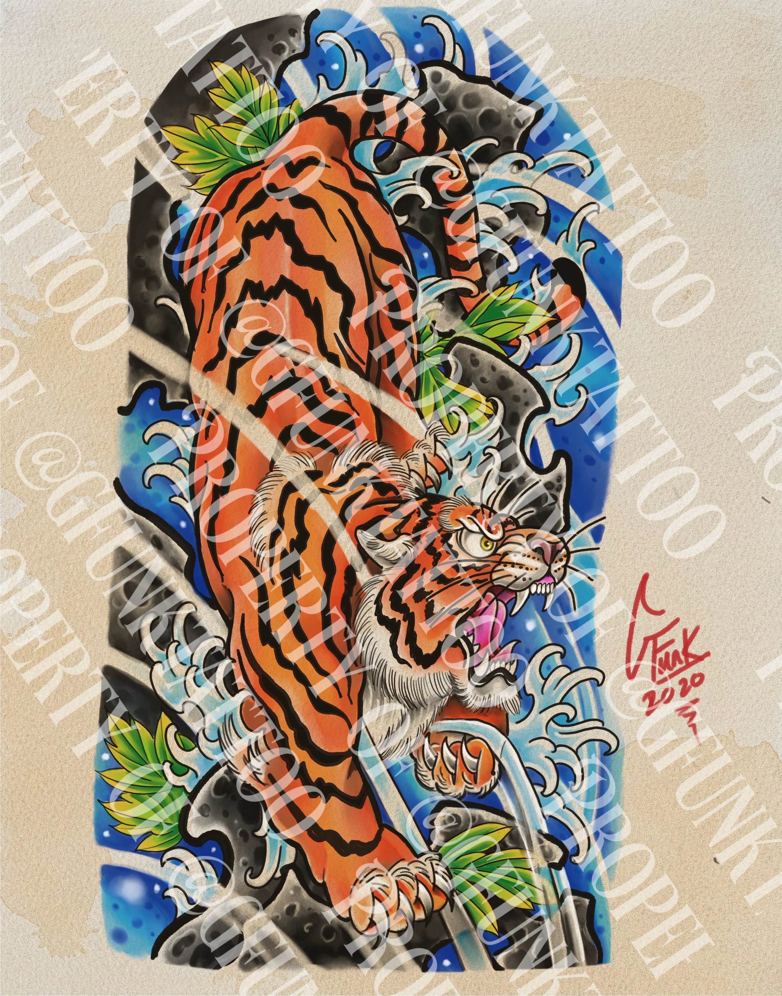 A traditional Japanese tattoo of a tiger in vibrant colors, surrounded by waves and leaves, with a moon background