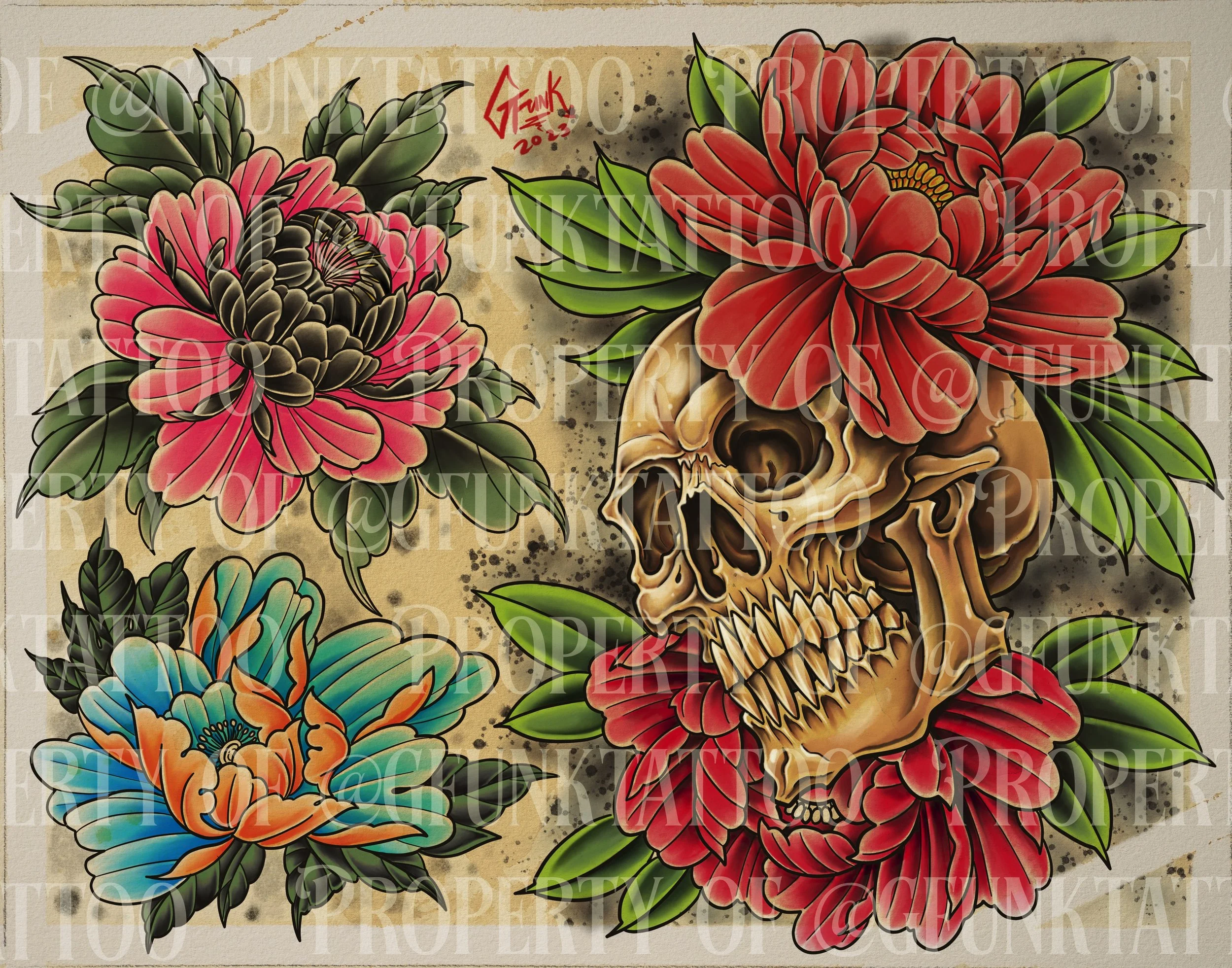 A colorful illustration of a human skull with red flowers and green leaves growing around and through it.