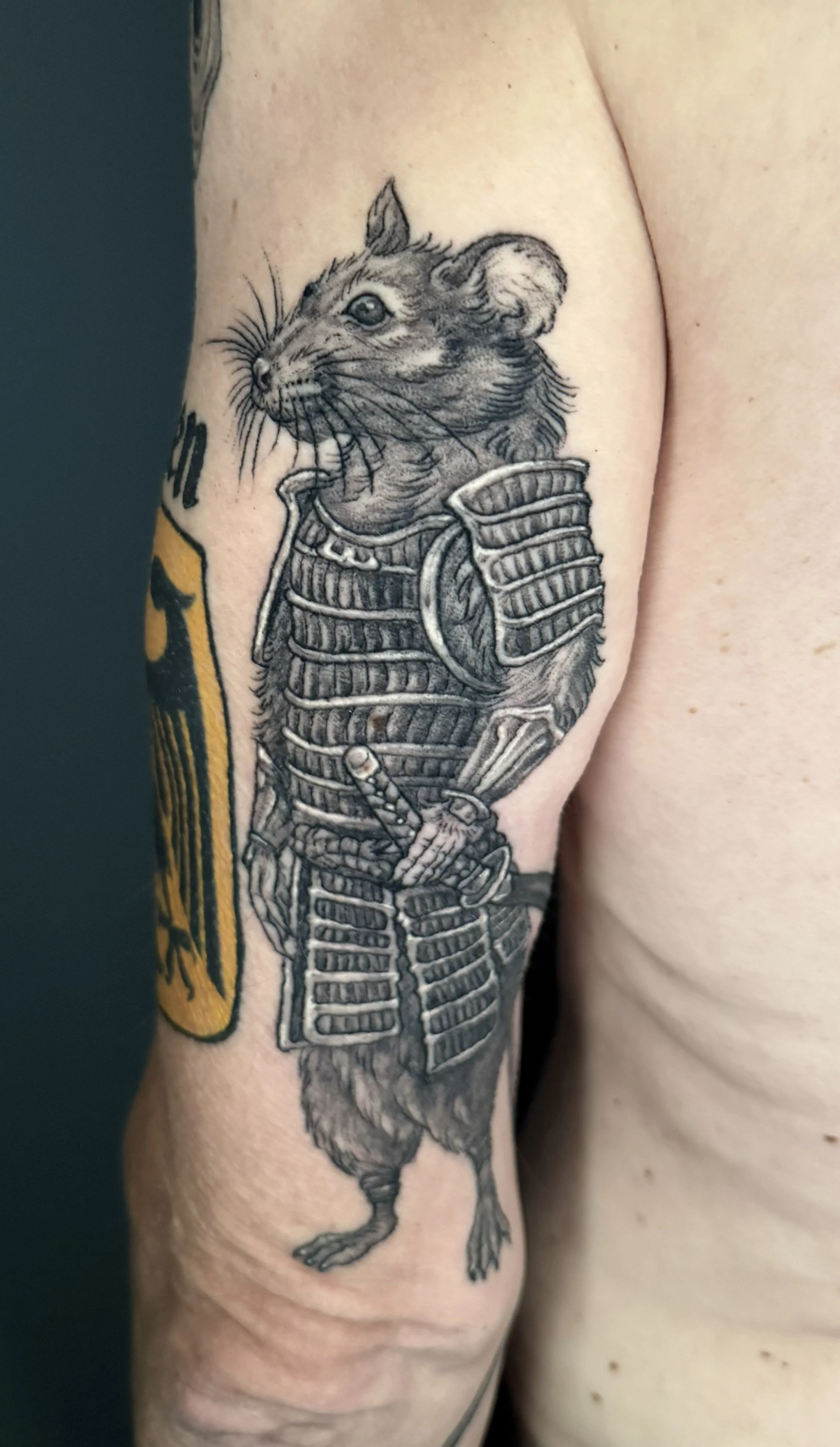 A detailed black and gray tattoo of a rat in Roman soldier armor on a person's upper arm.