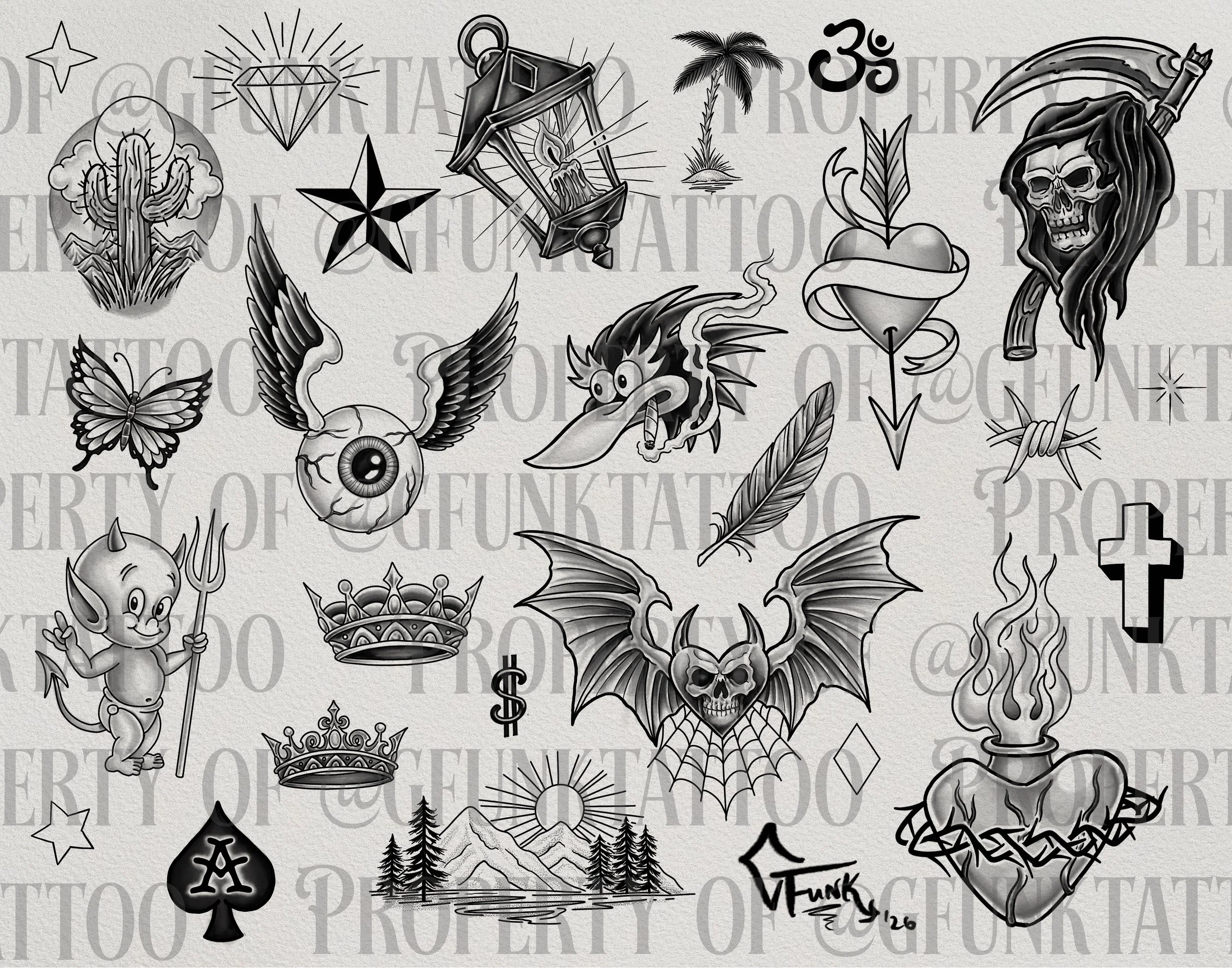 A collection of black and white tattoo-style illustrations including a cactus, a diamond, a star, a palm tree, a candle, a skull with wings, a demon figure with a trident, a crown, a hamburger with a banner, a flaming chalice, a spider web with a sku