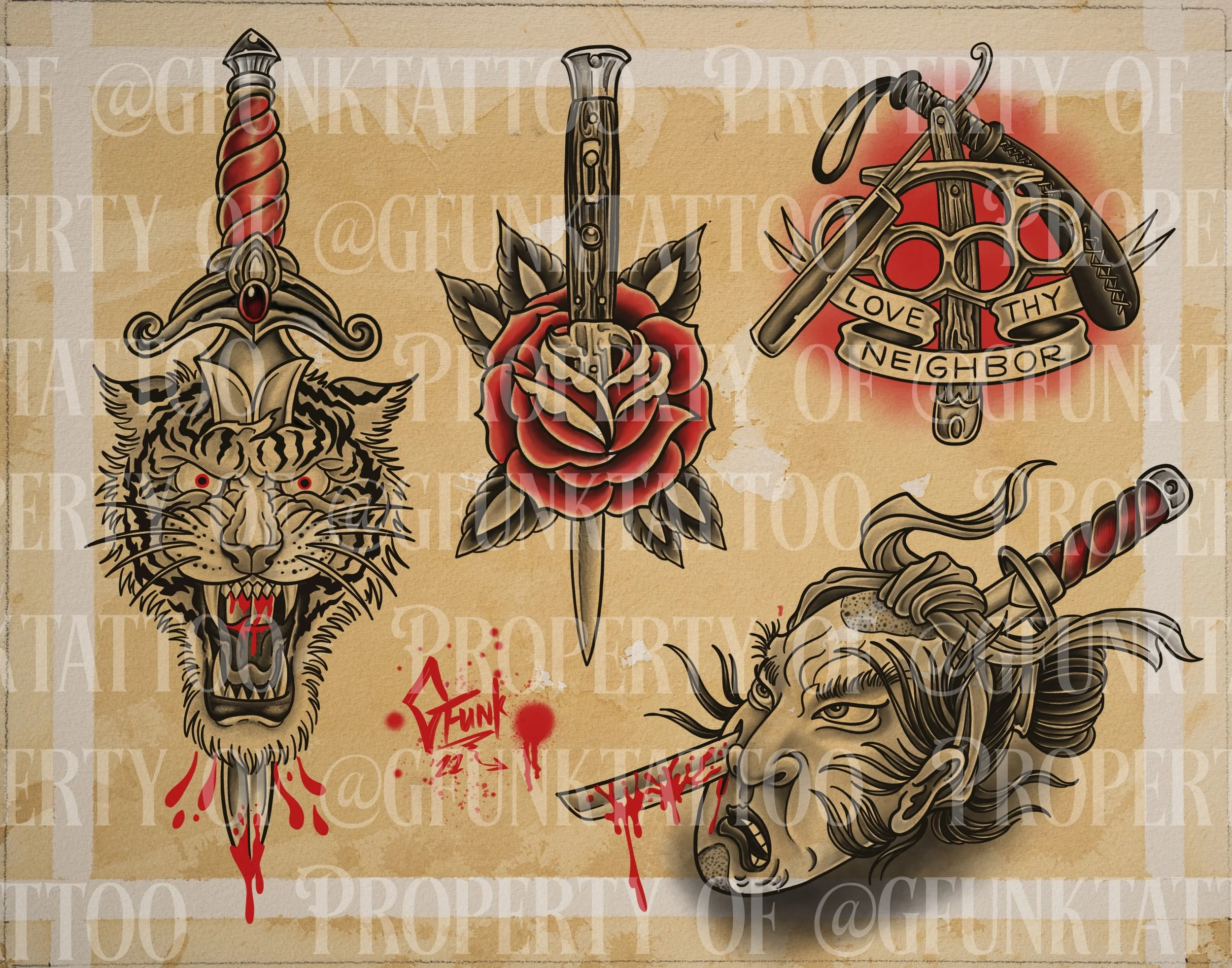 Tattoo-style illustration of a snarling wolf's head with blood dripping from its mouth, a sword with roses, a brass knuckles with a banner reading 'Love Thy Neighbor,' and other gothic elements on aged parchment background.