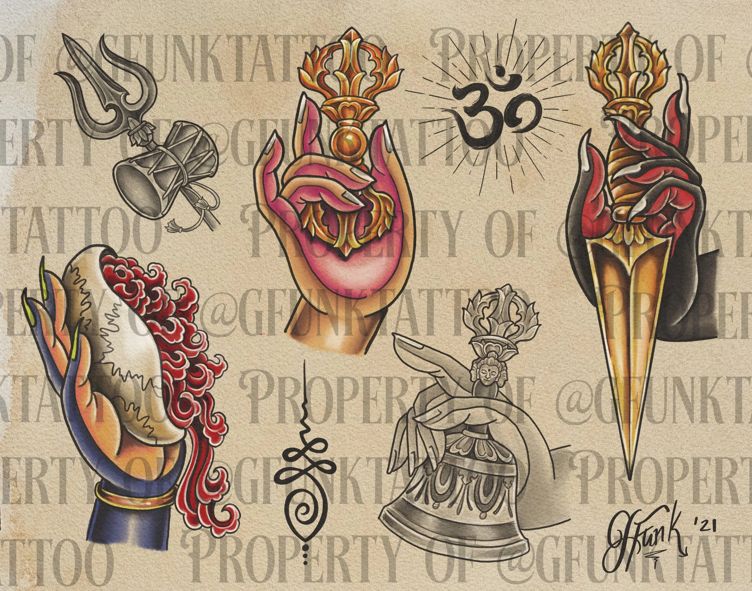 Tattoo art featuring Hindu deities with hands holding candles and a trident, and sacred symbols including the OM symbol, with a background of text about tattoo property.