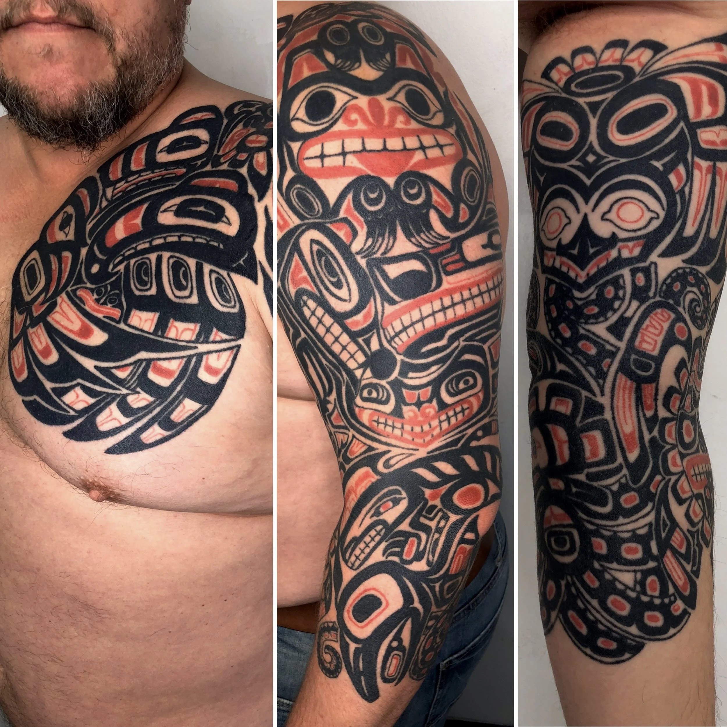 Tattoo sleeve with traditional Polynesian and Maori-style black and red tribal patterns covering chest, shoulder, and arm.