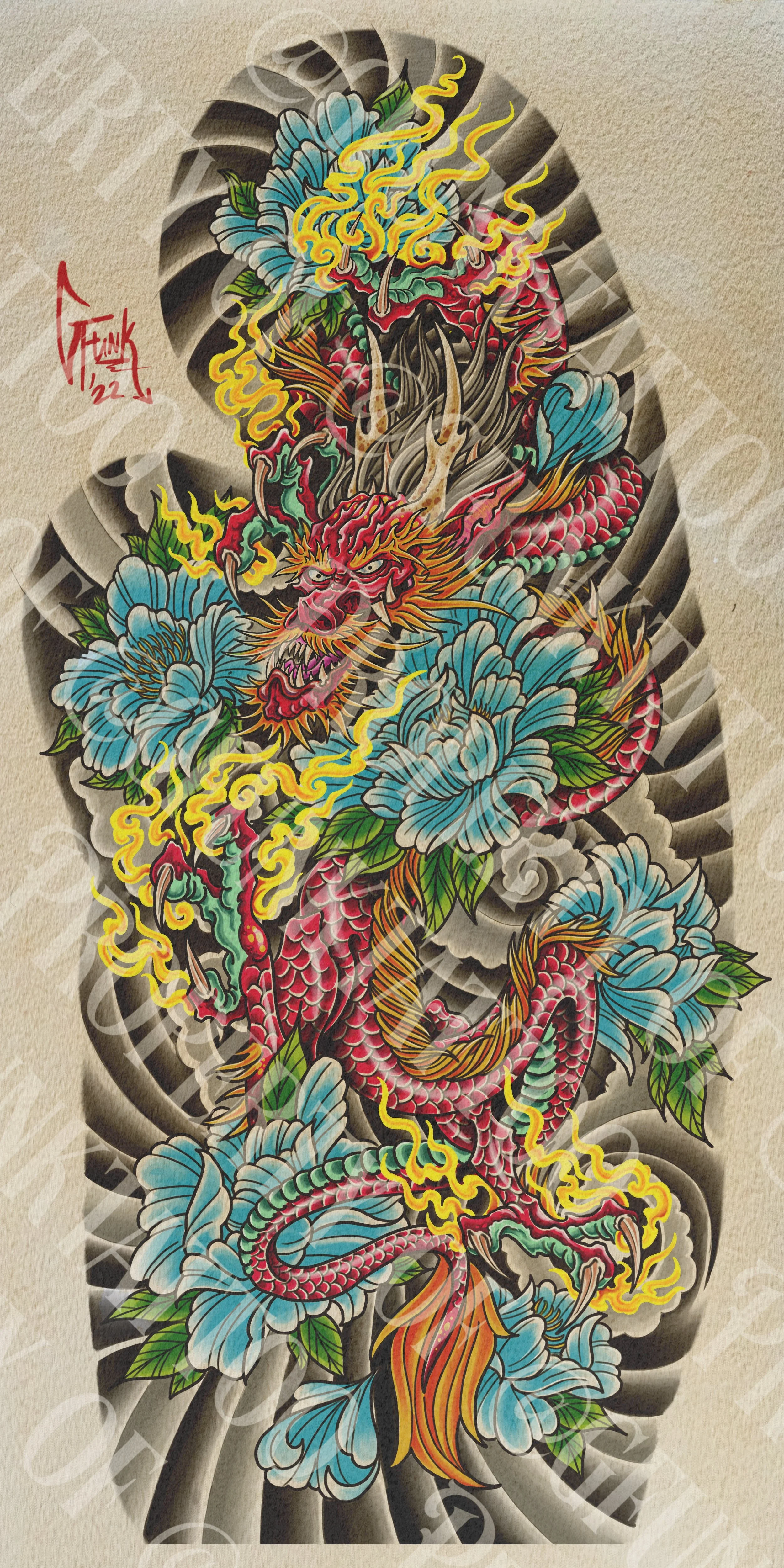 Colorful traditional Japanese tattoo featuring a fierce dragon intertwined with blue peony flowers and green leaves, with swirling black and gray shading in the background.