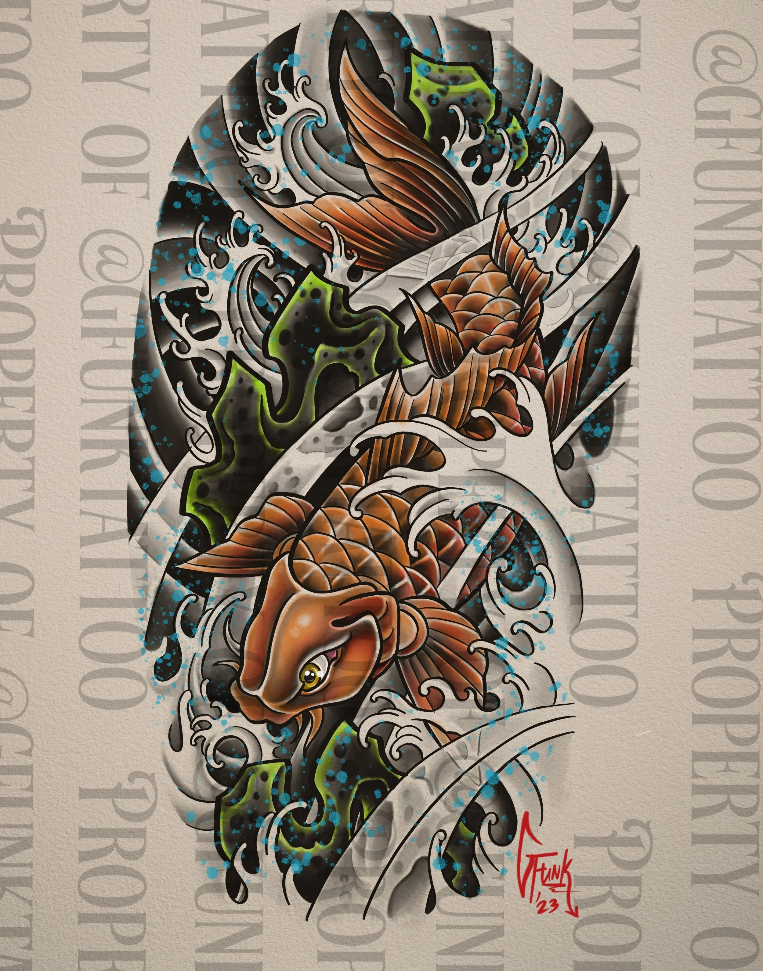 A stylized tattoo-inspired artwork of a koi fish swimming in water, with waves and green aquatic plants in the background, signed by the artist 'Funk 23' in red.