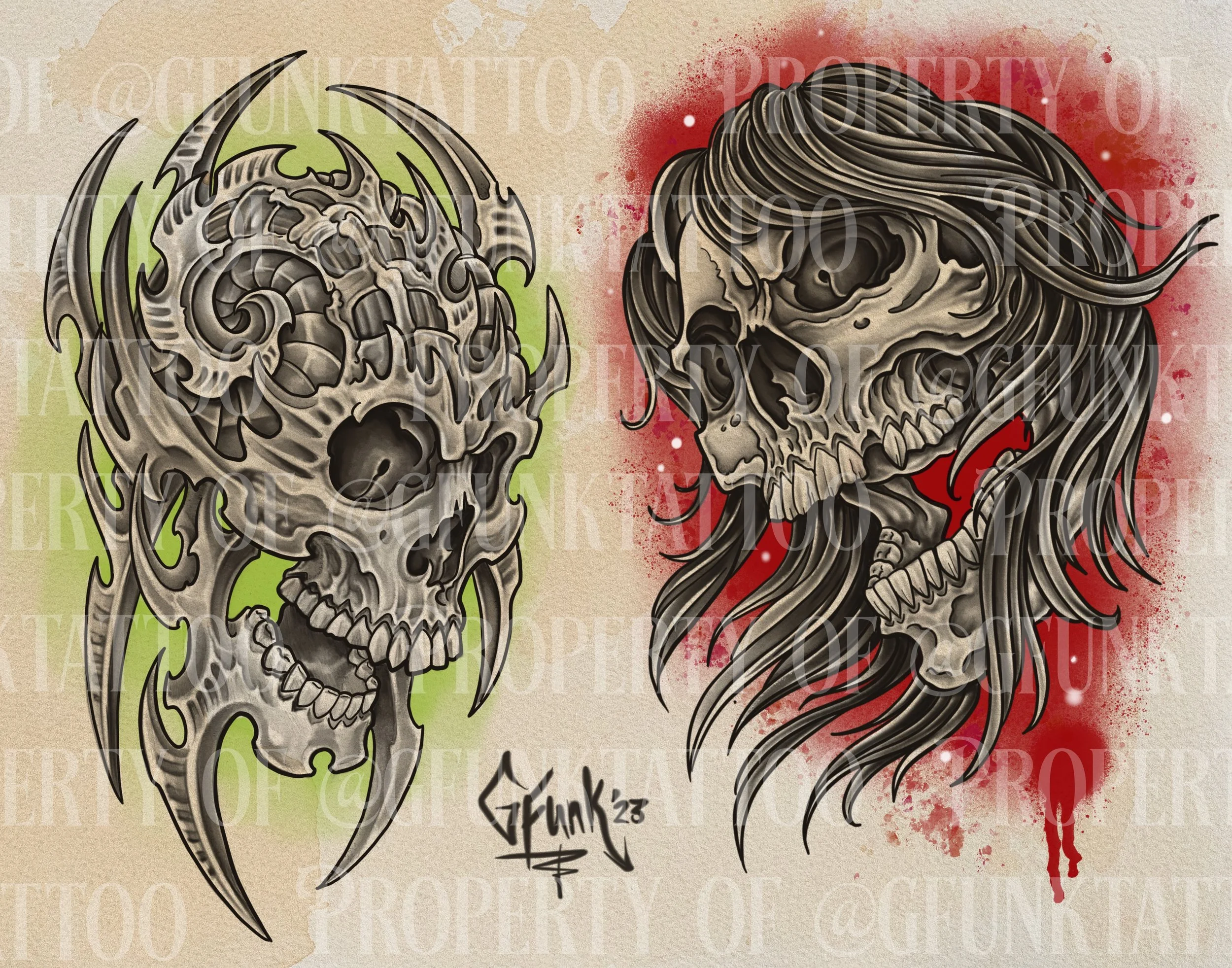 Digital illustration of two skulls, one on the left with green background and one on the right with red background, both with long, flowing hair, teeth showing, and dark eye sockets.