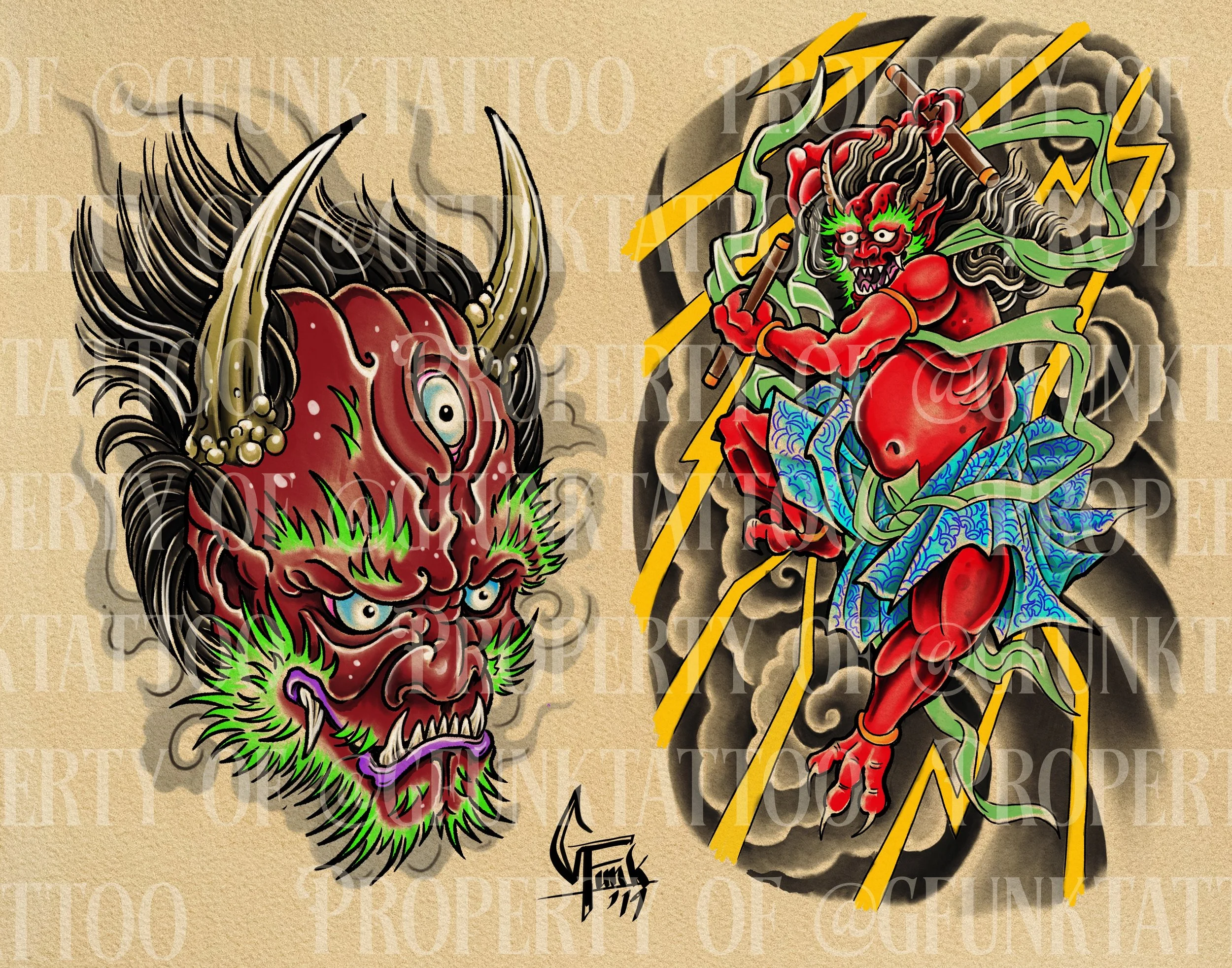 A traditional Japanese tattoo-style artwork depicting two mythological creatures, a fierce red oni with horns and a sinister expression, and a dragon with a lion-like face, sharp teeth, and intricate colorful scales.