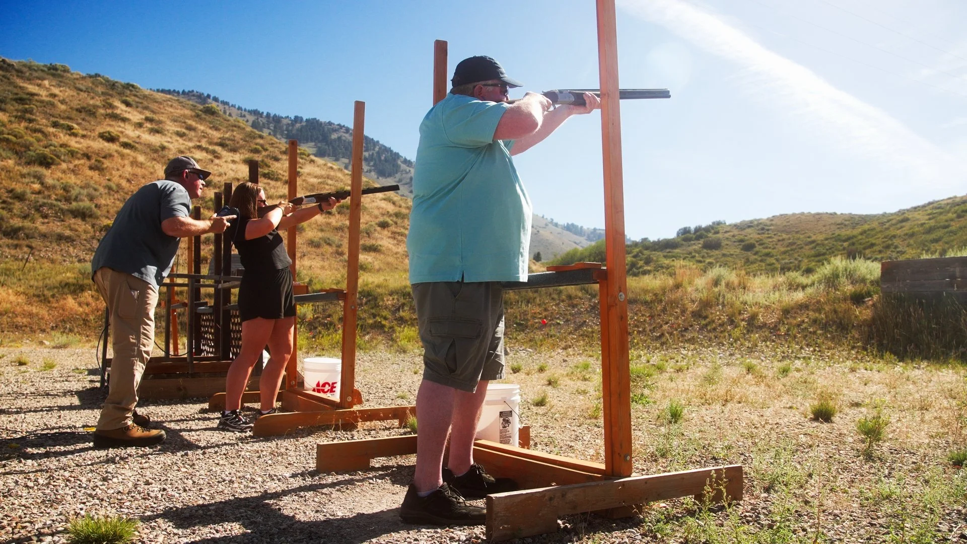 Clients of the Shotgun Experience in Jackson Hole, Wyoming, enjoy the friendly challenge of the game of 5-Stand. A fun, family-friendly experience for large or small groups in Jackson Hole, Wyoming.