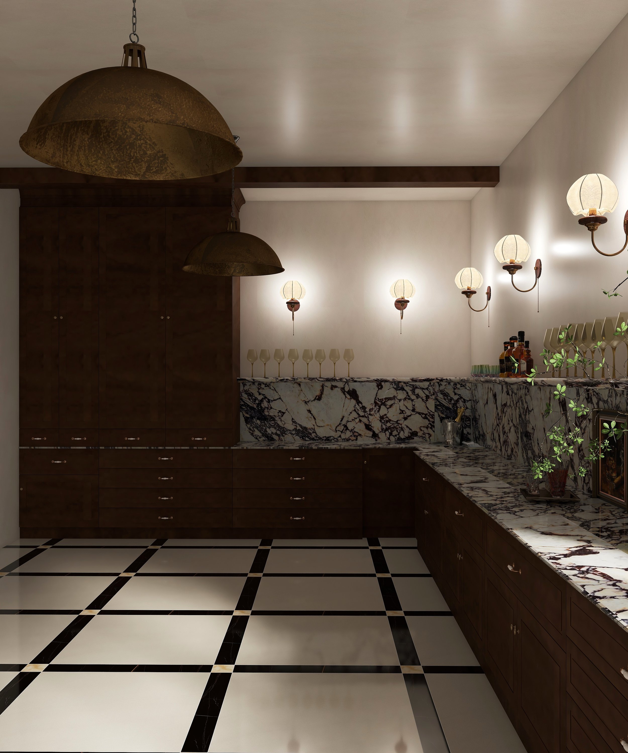 A stylish interior space featuring a black and white checkered floor, dark wooden cabinets, a marble countertop, and wall-mounted vintage-style lamps with round frosted glass shades, creating an elegant atmosphere.