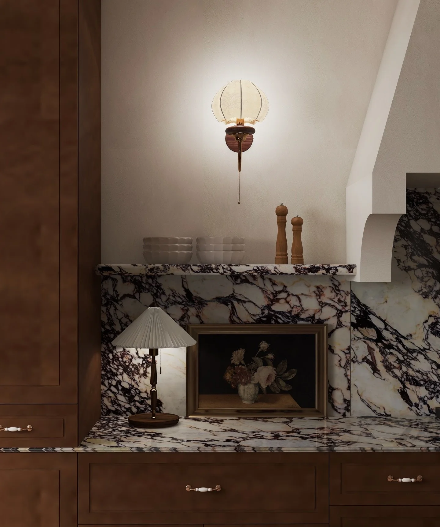 A small glimpse into the kitchen at our Heritage Home concept.

This space is rooted in materials that feel timeless and quietly expressive. Soft lime wash walls bring depth and movement, catching the light throughout the day. Calacatta Viola marble 