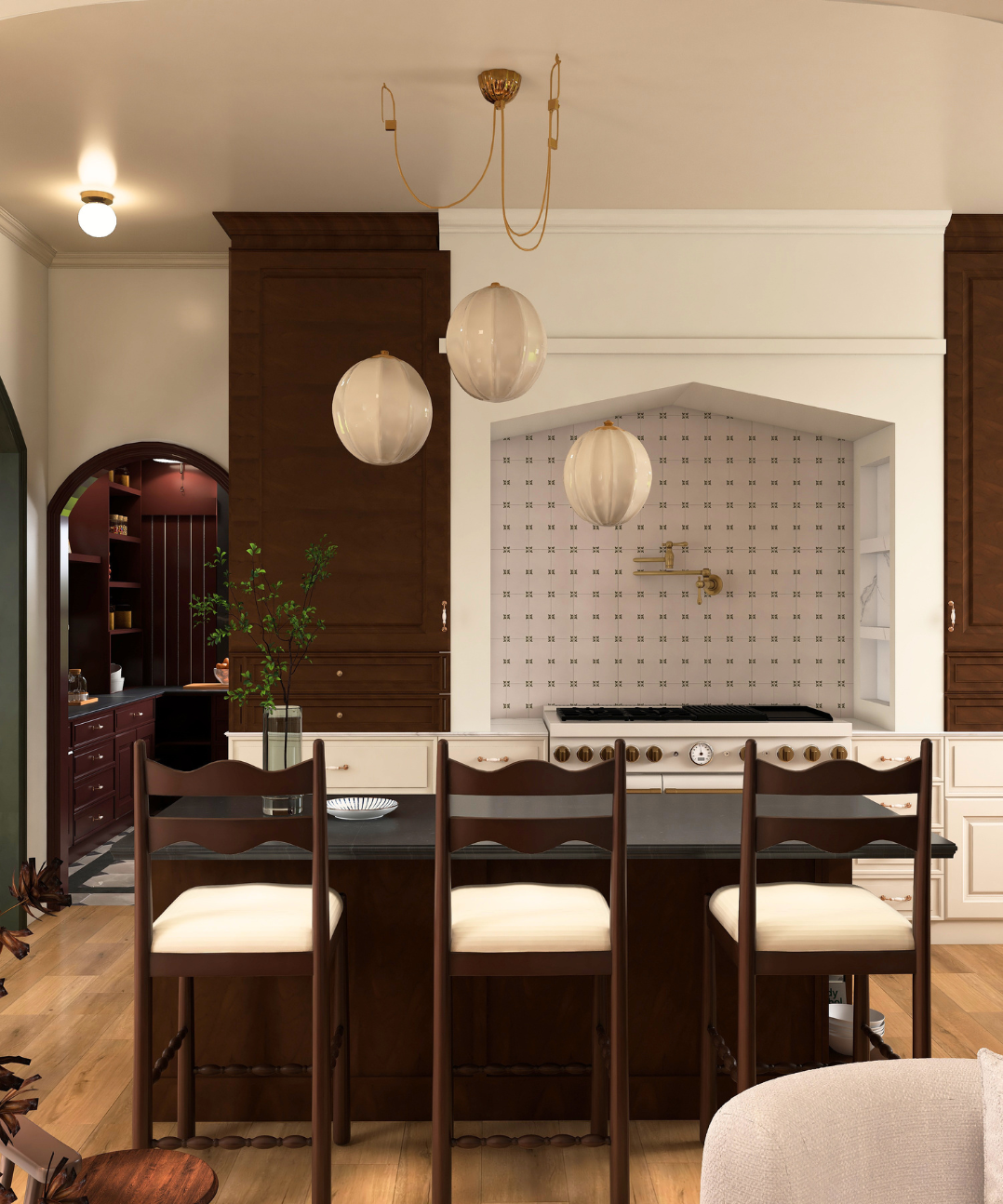 A kitchen with a dark wood island and beige bar stools, three hanging paper lanterns, a patterned backsplash behind the stove, and pendant lighting on the ceiling.