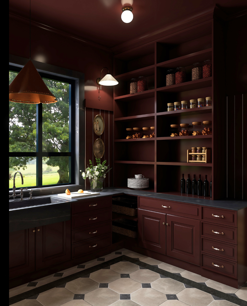 A cozy kitchen with dark wooden cabinetry, open shelves filled with jars of spices and ingredients, a black countertop, and a window overlooking a green outdoor landscape. Decor includes a flower vase, hanging lights, and a few bottles.