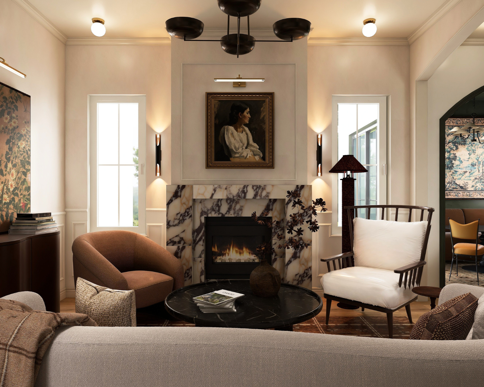 A cozy living room with a fireplace framed with marble, a portrait of a woman above it, and modern light fixtures. The room has comfortable chairs, a black marble coffee table with magazines, and a window letting in natural light.