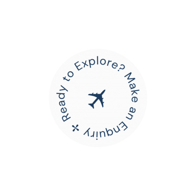 Circle with a plane icon in the center, surrounded by the words "Ready to Explore? Make an Easy!" arranged in a circle on a light background.