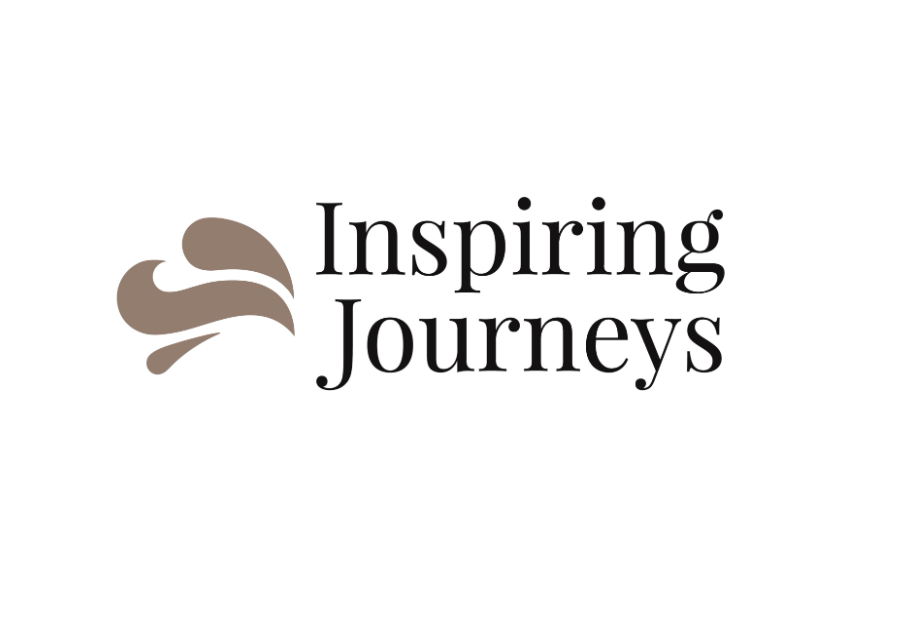 Logo with a stylized brown leaf and the words "Inspiring Journeys" in black text