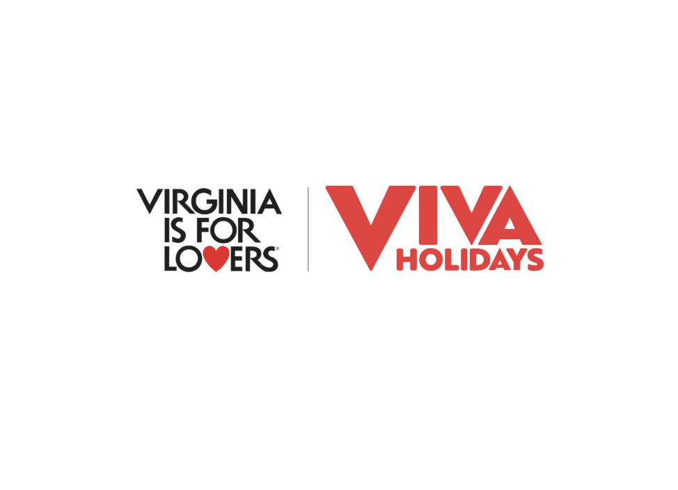 Virginia is for Lovers slogan on the left with a heart symbol, and VIVA Holidays logo on the right in red text.