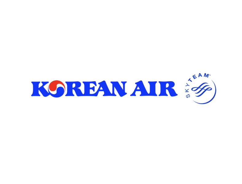 Korean Air logo with blue text and a red and blue Taegeuk symbol inside the letter 'O', alongside an emblem for SkyTeam alliance featuring a stylized globe and the SkyTeam name.