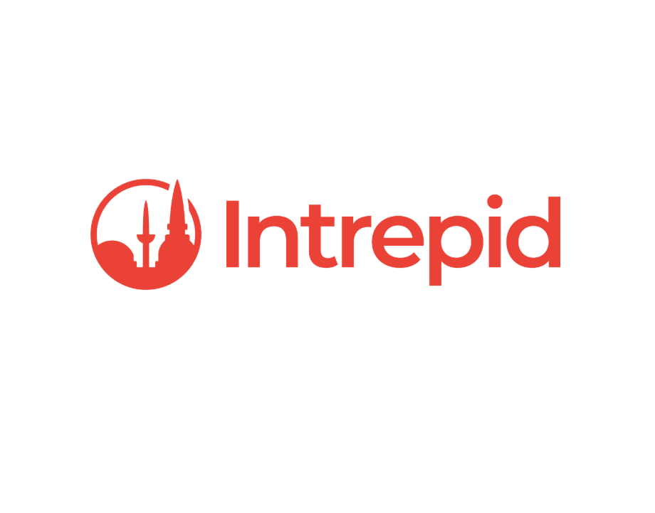 Logo of the USS Intrepid aircraft carrier featuring a red circular emblem with a silhouette of aircraft and the word 'Intrepid' in bold red letters.