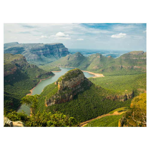Scenic view of a lush green canyon with a winding river and rugged cliffs under a partly cloudy sky.