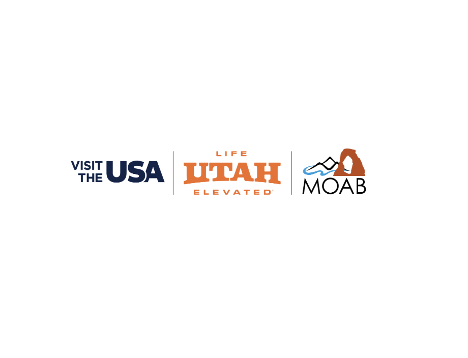 Logos for Visit the USA, Utah, and MOAB, featuring mountains and a river.