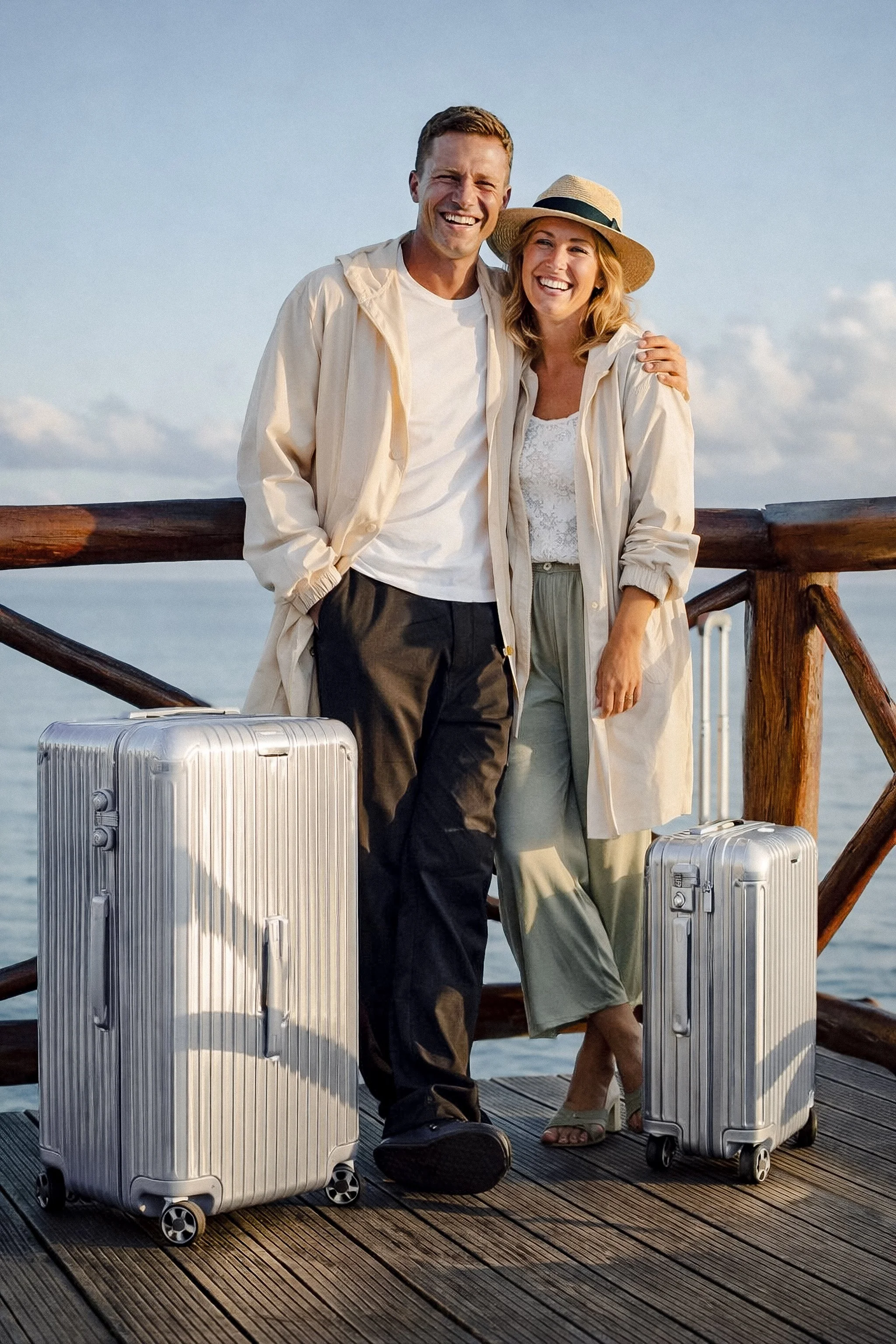 A couple standing on a wooden pier at the beach, smiling, with two silver suitcases, dressed in casual light-colored clothing and a sun hat, enjoying the seaside.