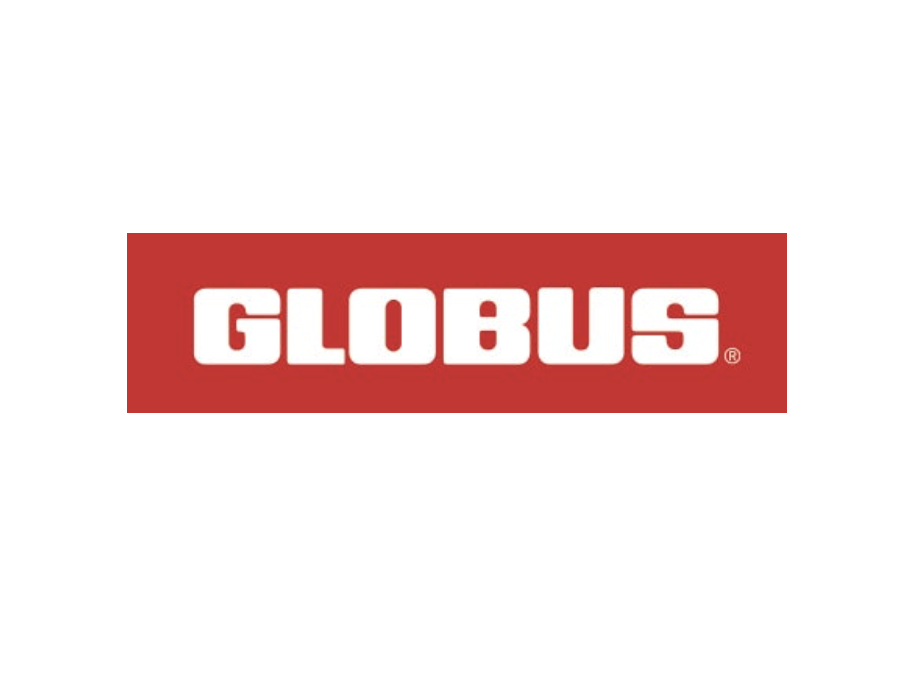 Red rectangle with the white text 'GLOBUS' in bold capital letters.