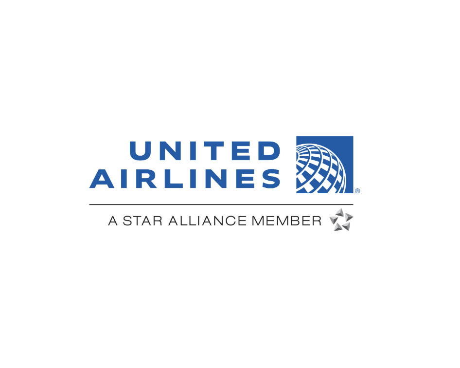 United Airlines logo with blue text, globe icon, and Star Alliance membership badge on white background.