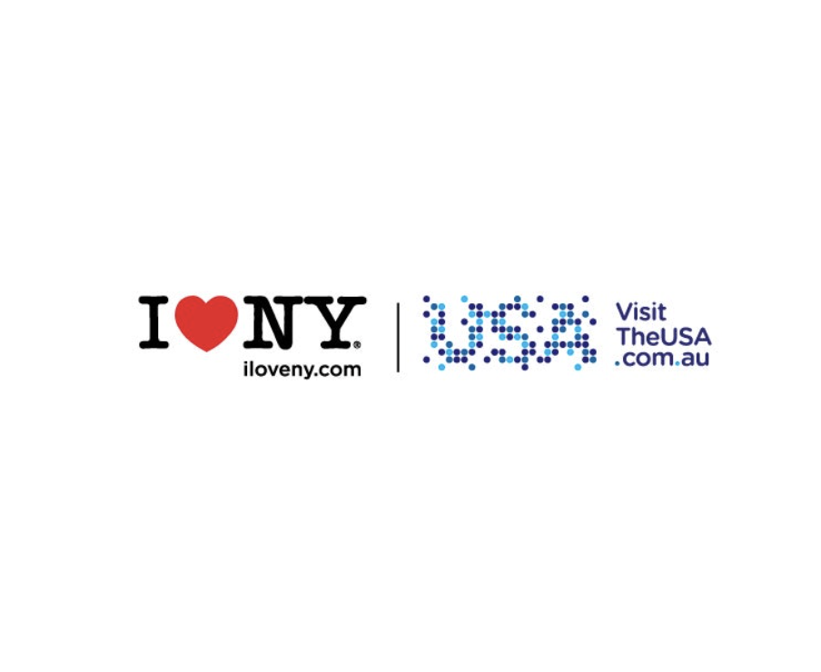 Logo with the text 'I love NY' and the website iloveny.com, next to a stylized 'USA' representing the United States, along with the text 'VisitTheUSA.com.au'