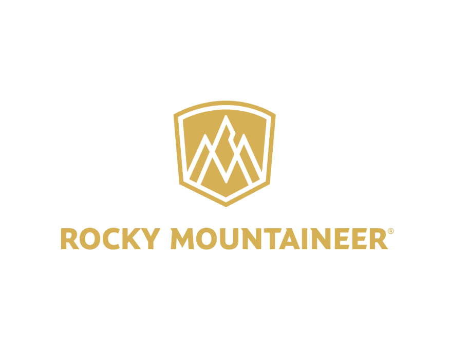 Rocky Mountaineer logo with a stylized mountain range inside a shield and the text "ROCKY MOUNTAINEER" below in gold.