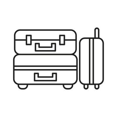 Line drawing of a suitcase, backpack, and rolling suitcase.