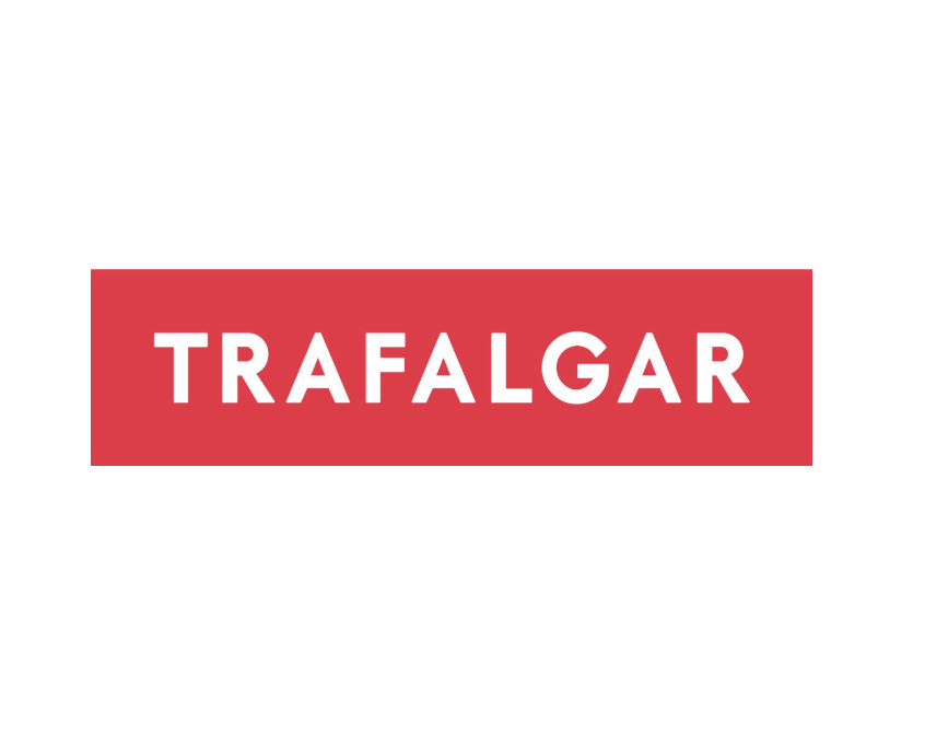 Red rectangle with white text reading 'TRAFALGAR' in all caps.