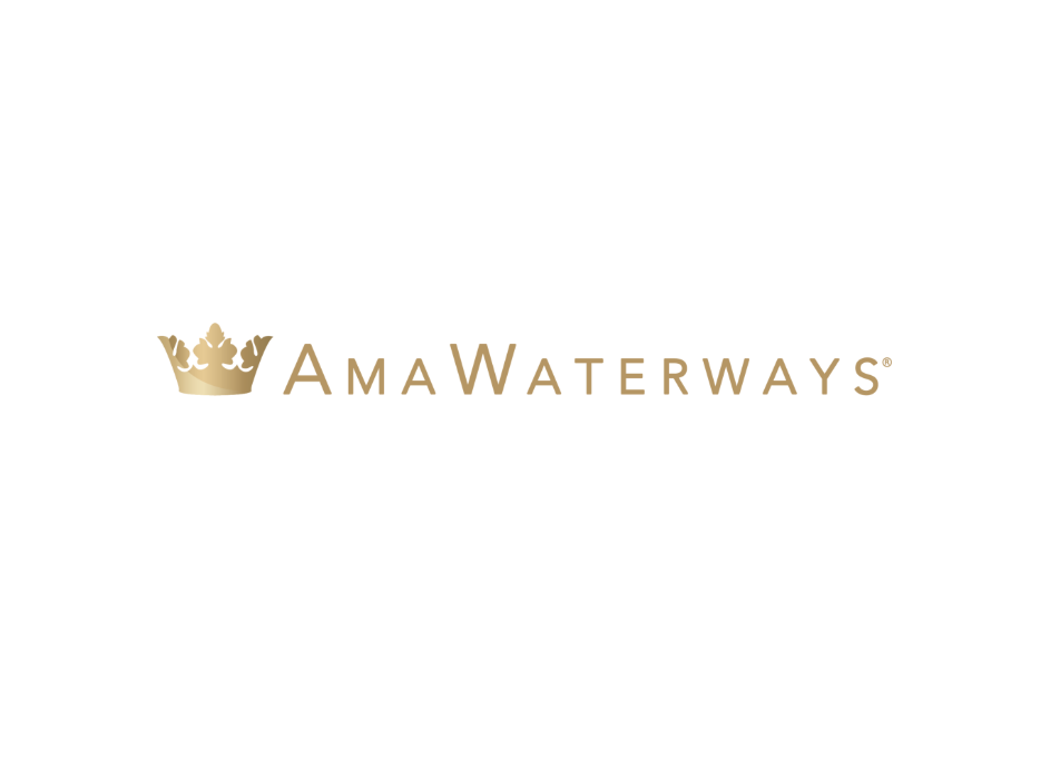 A logo with a gold crown icon to the left and the words 'AmaWaterways' in brown text on a white background.