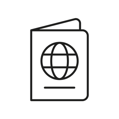 Icon of a passport with a globe symbol on the cover.