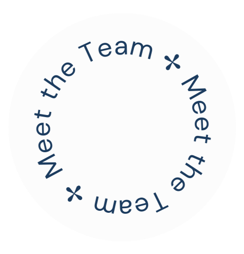 White circular sticker with the text 'Meet the Team' repeated four times around the inner edge, with small asterisks separating each phrase.