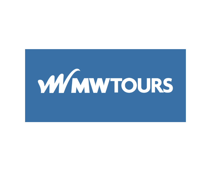 MW Tours logo on a blue rectangular background.