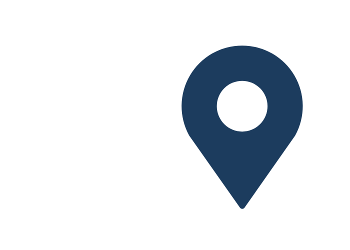 A black icon of a person with a small dot for a head and a rectangle for a body, with a large blue map location pin overlayed on the icon.