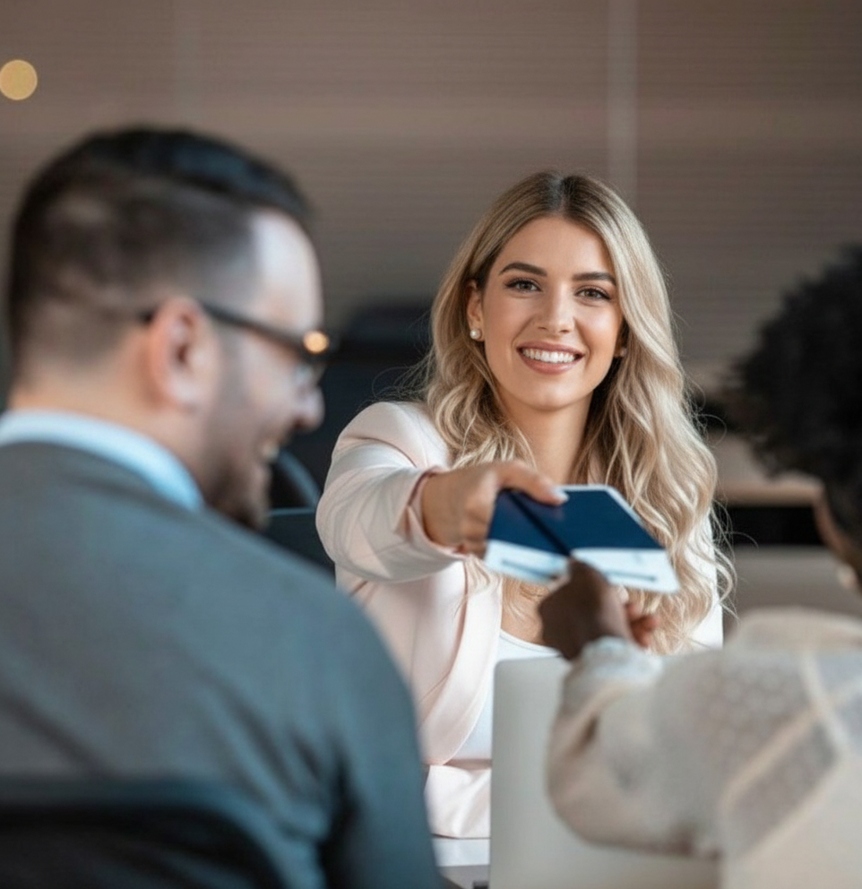 Businesswoman smiling and handing a credit card to a customer in a modern office setting.