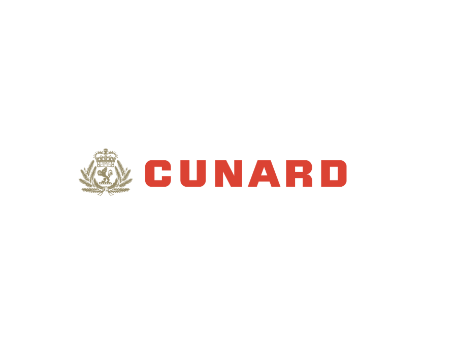 Cunard logo with gold crest and red text on a white background.