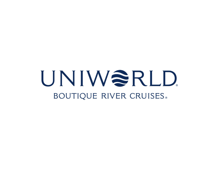 Uniworld Boutique River Cruises logo with navy blue text and a wave symbol in the 'O' of Uniworld.